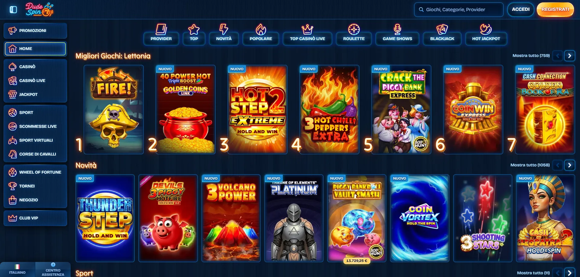 Slot machine e giochi Dudespin Casino — oltre 13.700 titoli disponibili
