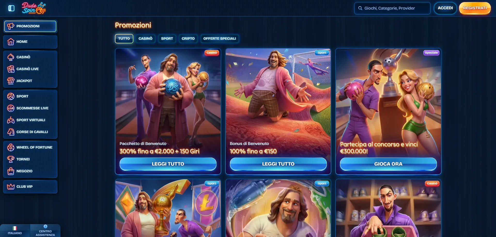 Bonus di benvenuto Dudespin Casino — fino a €2.000 e 150 free spin